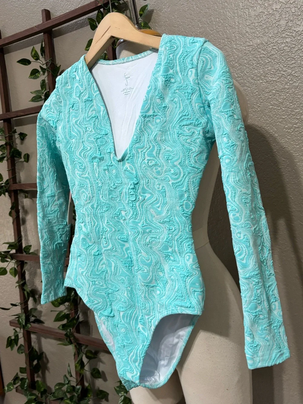 NWT Seea free people Valentina one piece swimsuit long sleeves blue S